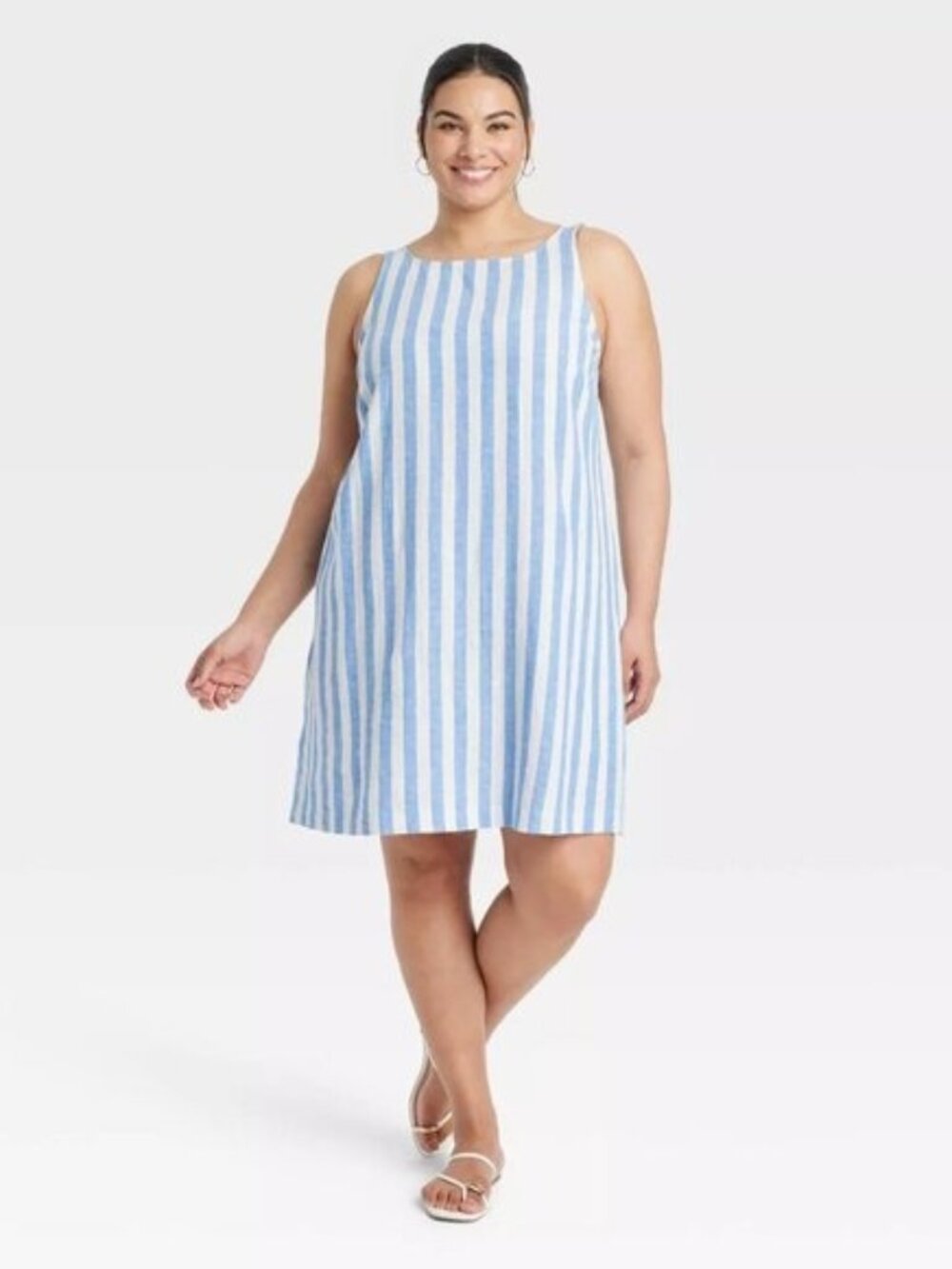 Ava & Viv Womens 1X Tank Dress Blue Striped Sleeveless Linen Blend Pockets